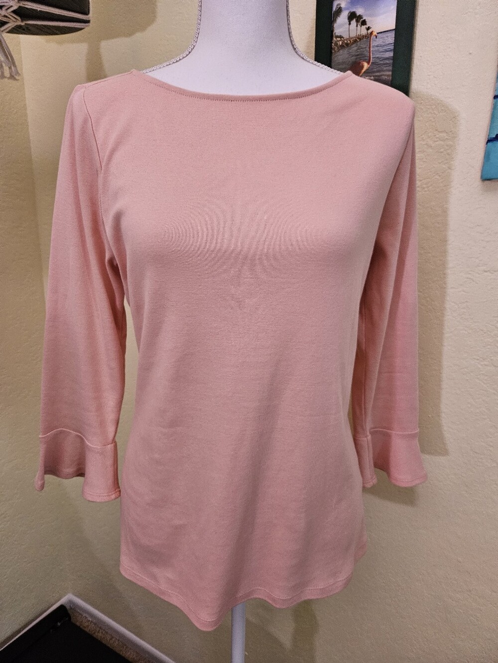 Lauren Ralph Lauren Women's Pink Boatneck Ruffle-Sleeve Top SZ Large